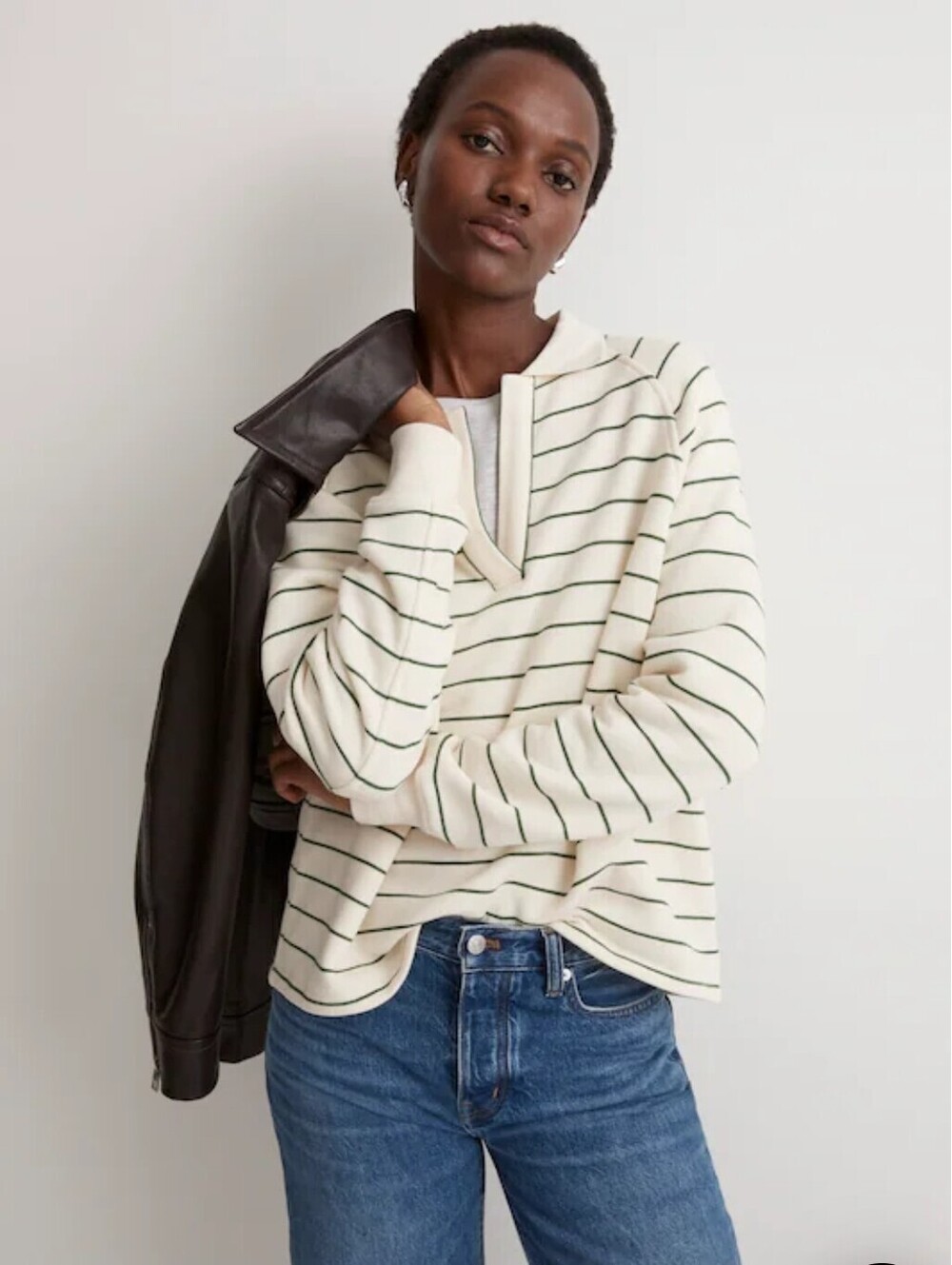 Madewell Womens Sweater Sz L Ivory Grn Striped Betterterry Polo Sweatshirt Rugby